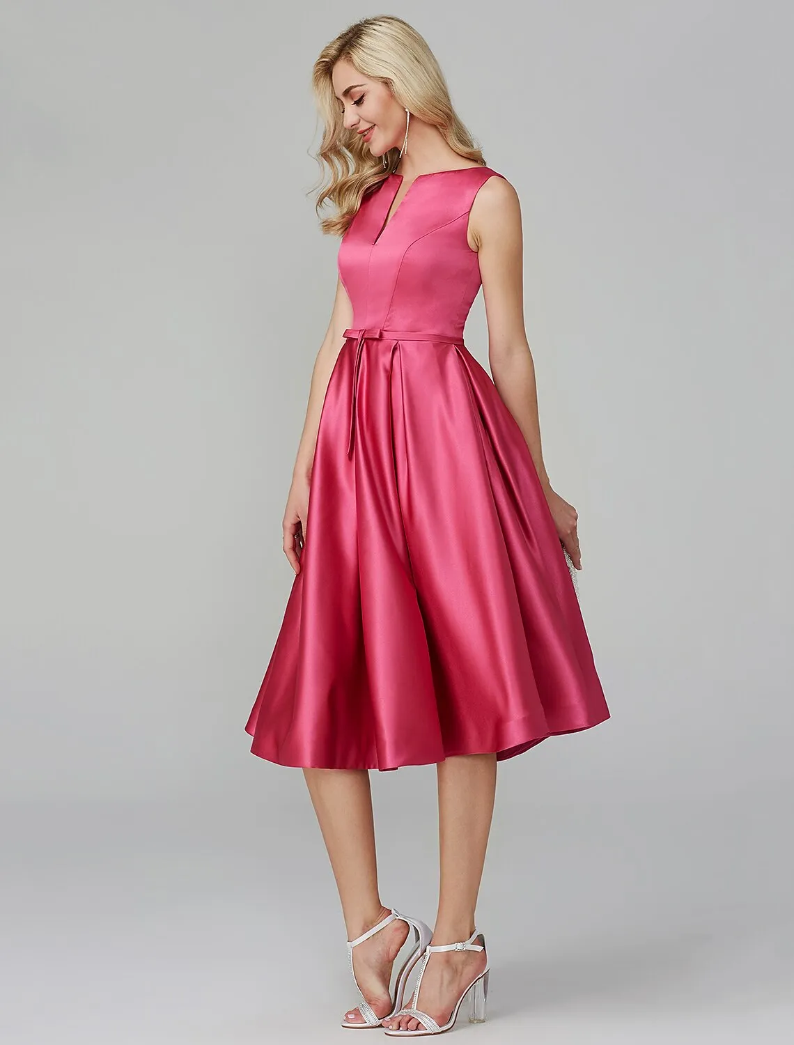 A-Line Elegant Dress Valentine's Day Wedding Guest Knee Length Sleeveless V Wire Pink Dress Satin with Sash / Ribbon