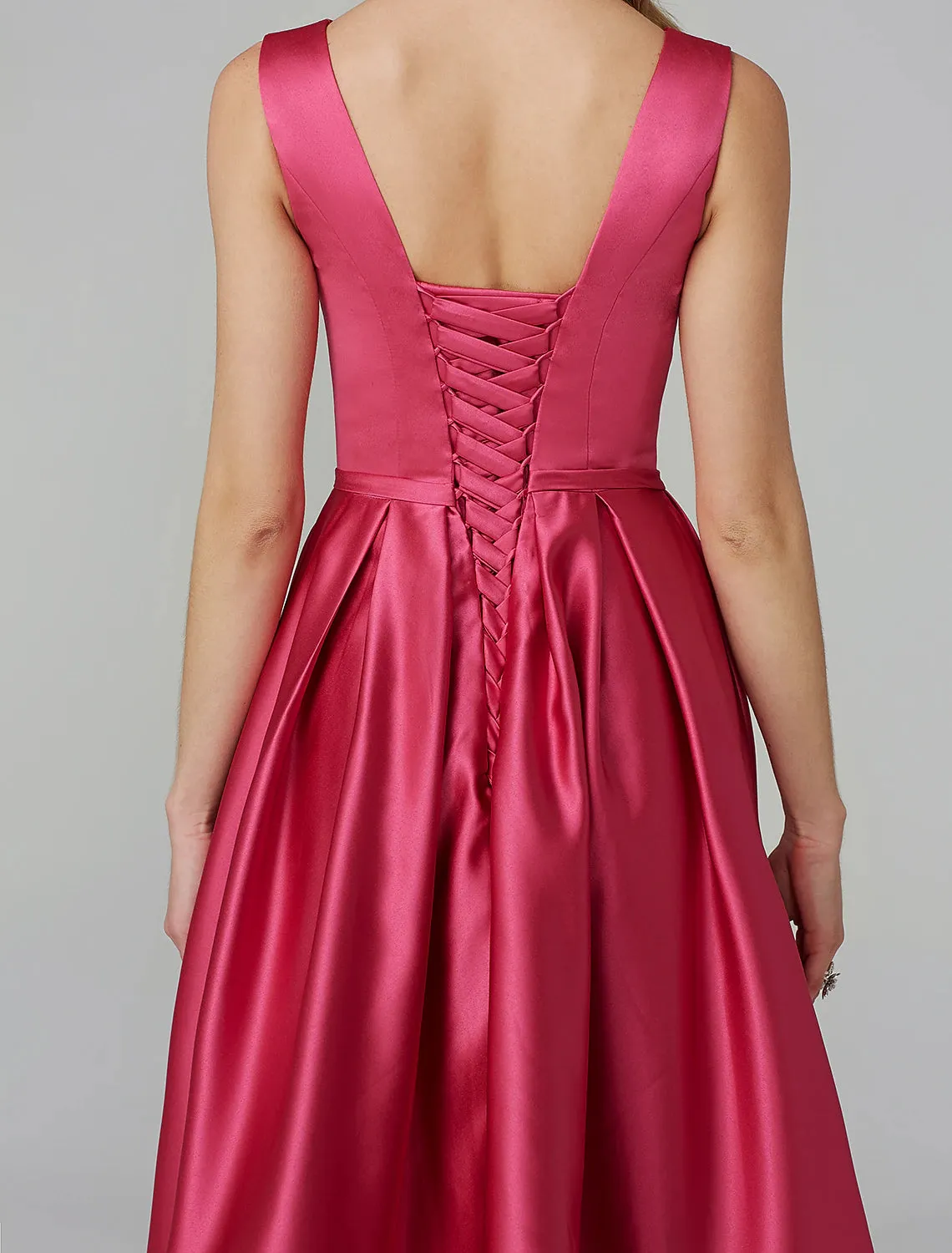 A-Line Elegant Dress Valentine's Day Wedding Guest Knee Length Sleeveless V Wire Pink Dress Satin with Sash / Ribbon