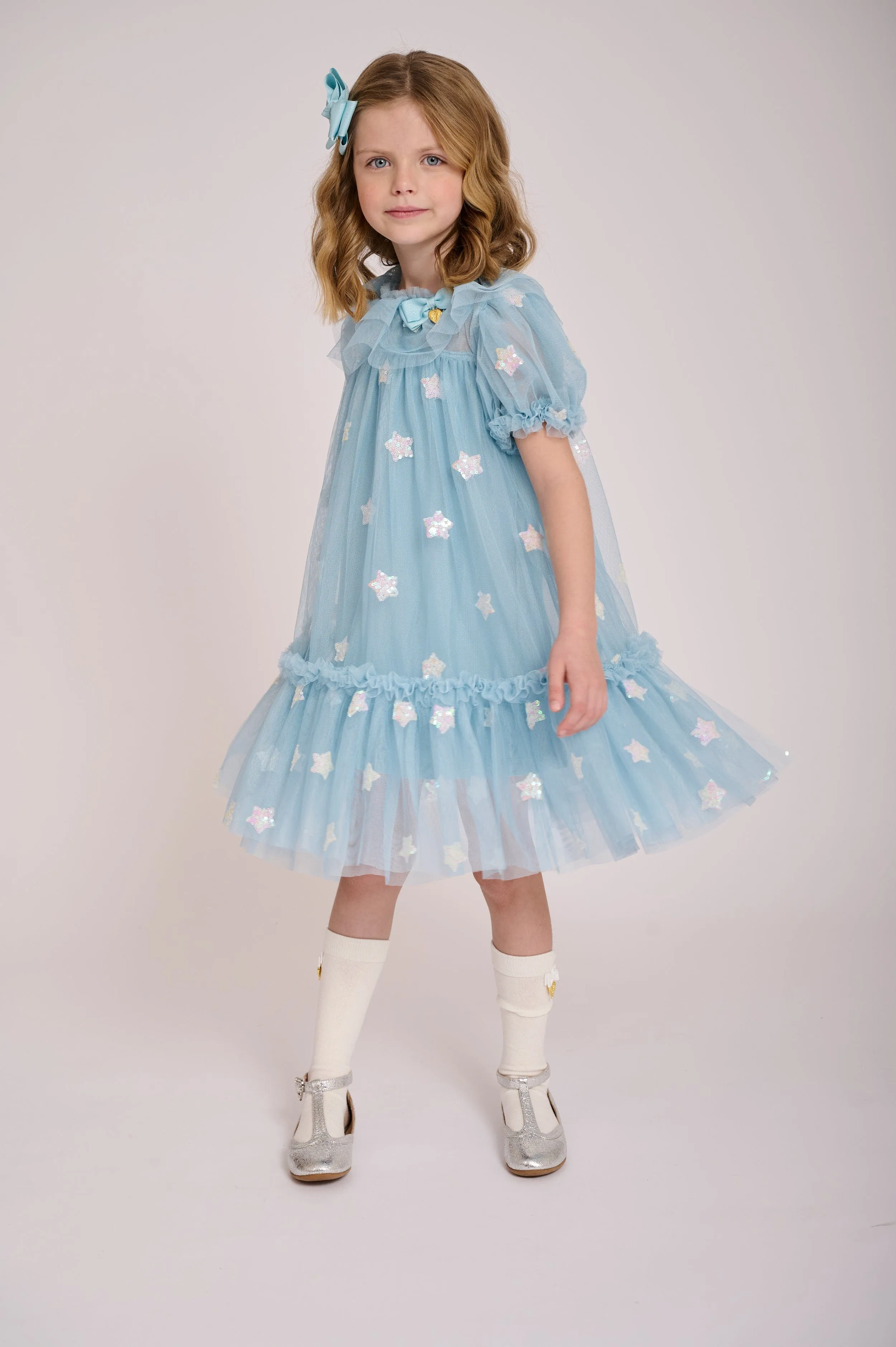 Angels Face Girls Twinkly Sequin Star Dress in Blue