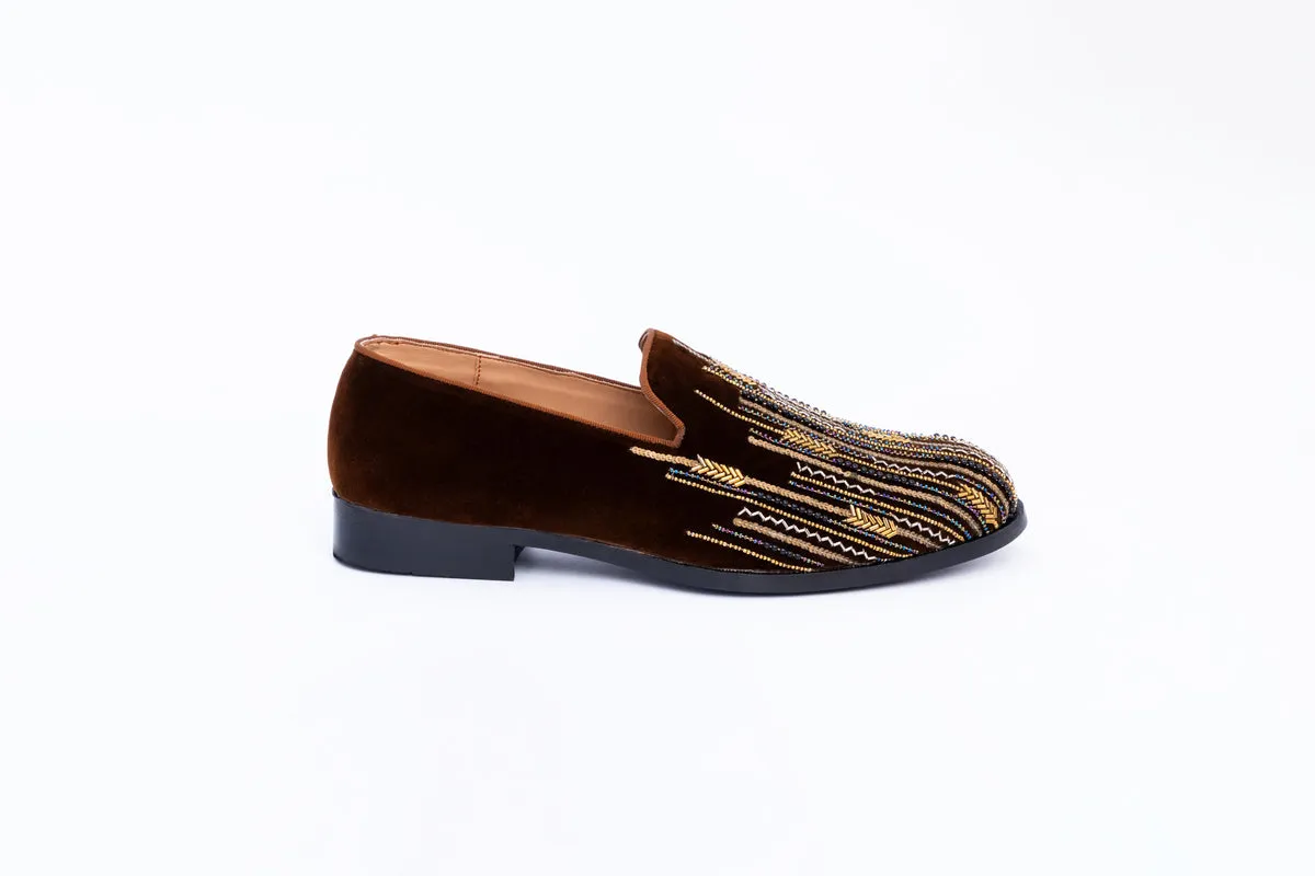 ASYMMETRIC EMBROIDERY SLIP-ONS-BROWN