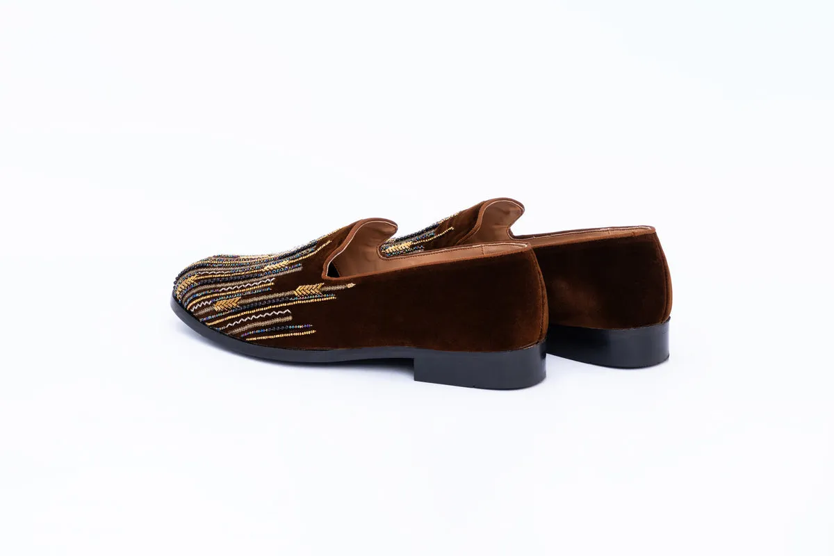 ASYMMETRIC EMBROIDERY SLIP-ONS-BROWN