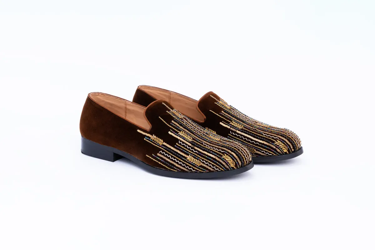 ASYMMETRIC EMBROIDERY SLIP-ONS-BROWN