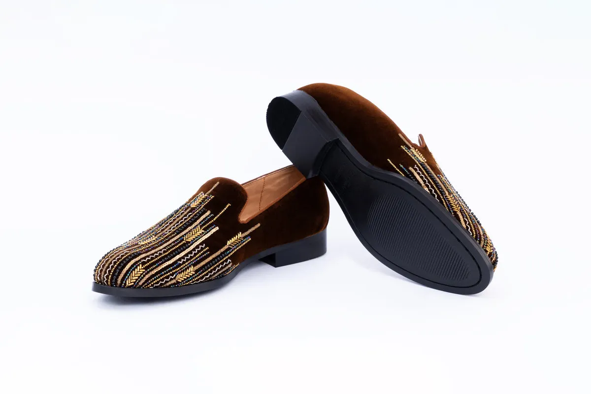 ASYMMETRIC EMBROIDERY SLIP-ONS-BROWN