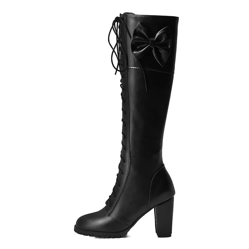 Autumn Winter Women Knee-High Motorcycle Boots Thick Heel Platform Bow-knot Female Wedding Boots