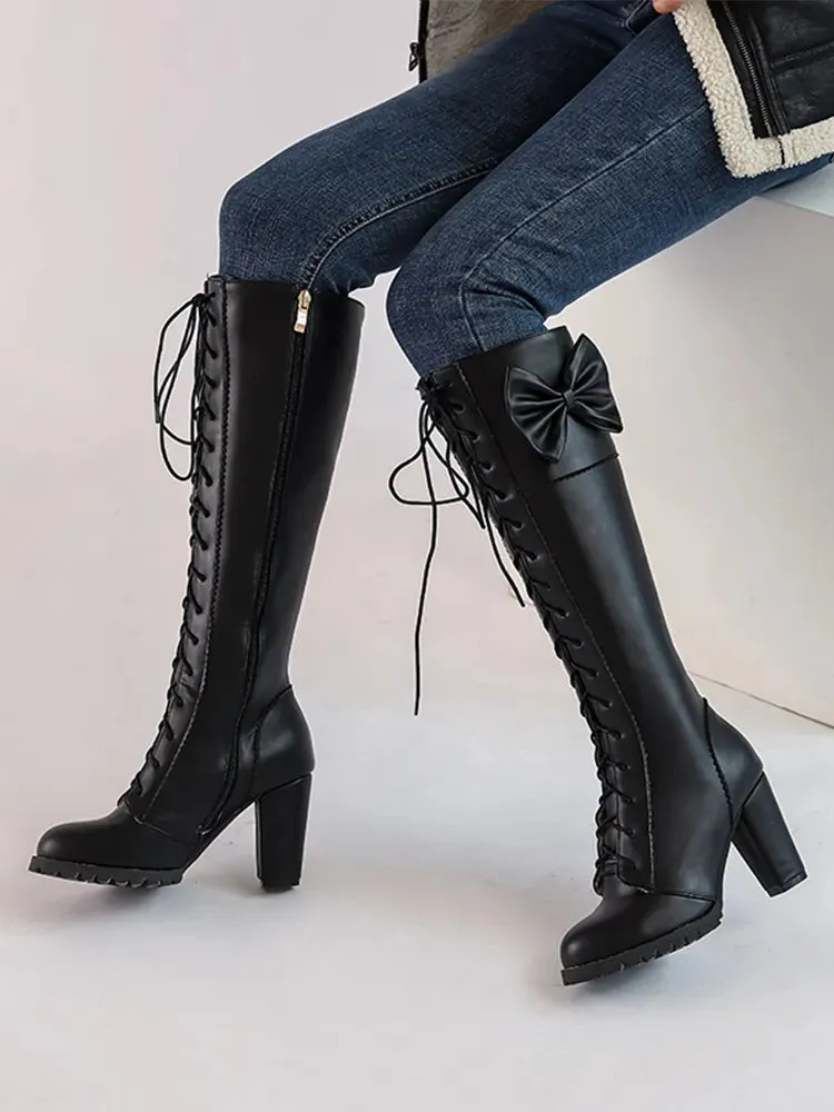 Autumn Winter Women Knee-High Motorcycle Boots Thick Heel Platform Bow-knot Female Wedding Boots