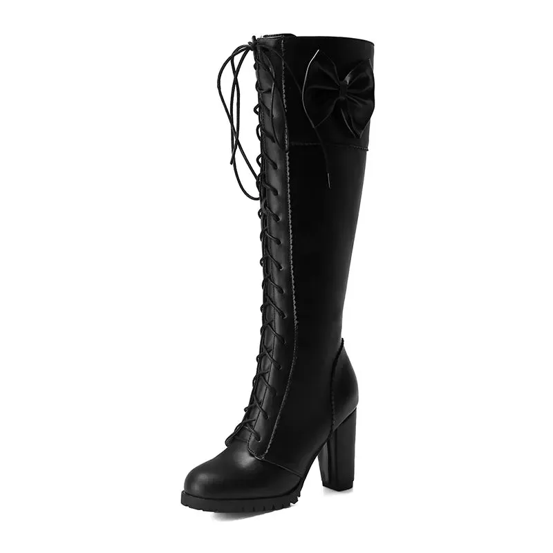 Autumn Winter Women Knee-High Motorcycle Boots Thick Heel Platform Bow-knot Female Wedding Boots