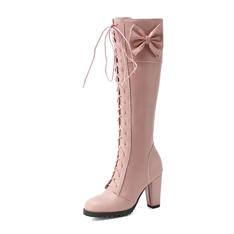 Autumn Winter Women Knee-High Motorcycle Boots Thick Heel Platform Bow-knot Female Wedding Boots