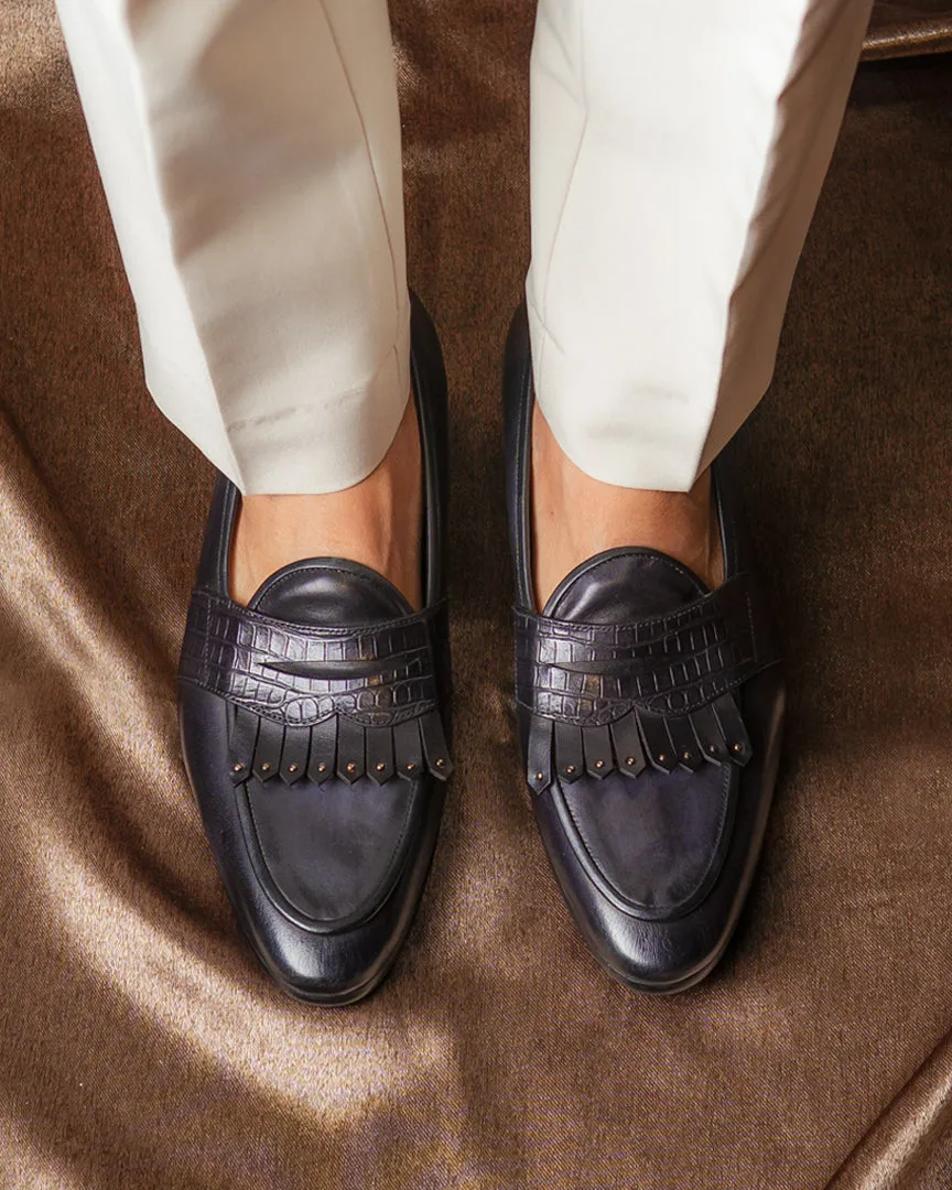 Belgian Loafer - Black Grey Phyton Penny Strap with Studded Fringe (Hand Painted Patina)