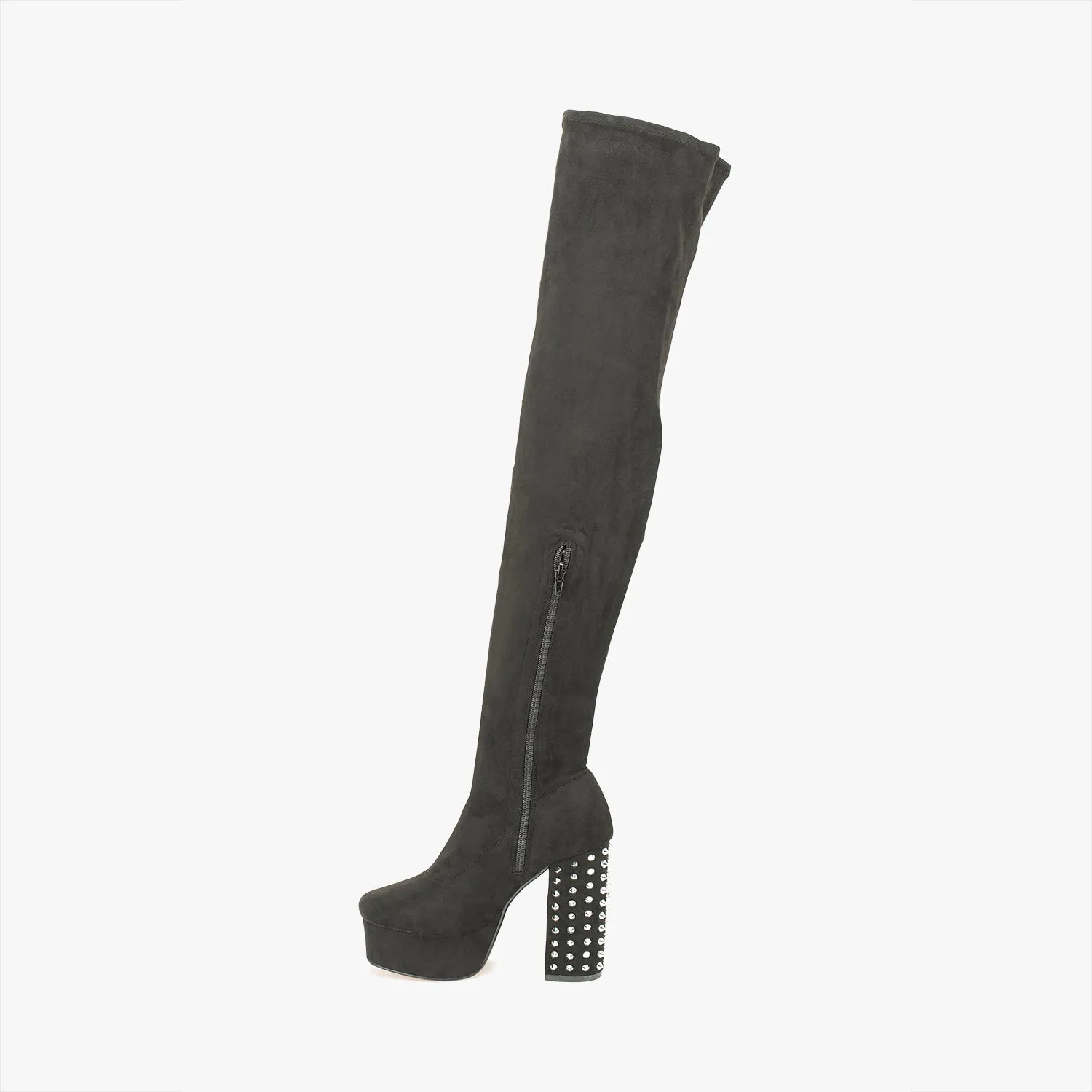 Black Block Heel Stud Detail Platform Thigh High Boot