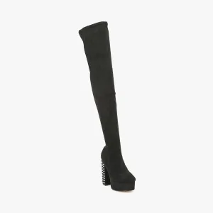 Black Block Heel Stud Detail Platform Thigh High Boot