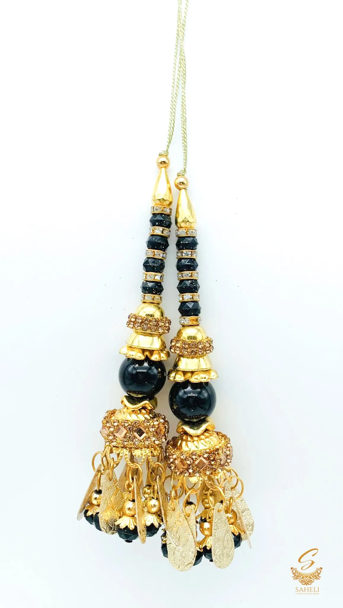 Black pearls with stone work & jerkan work latkans 11cm (pair)