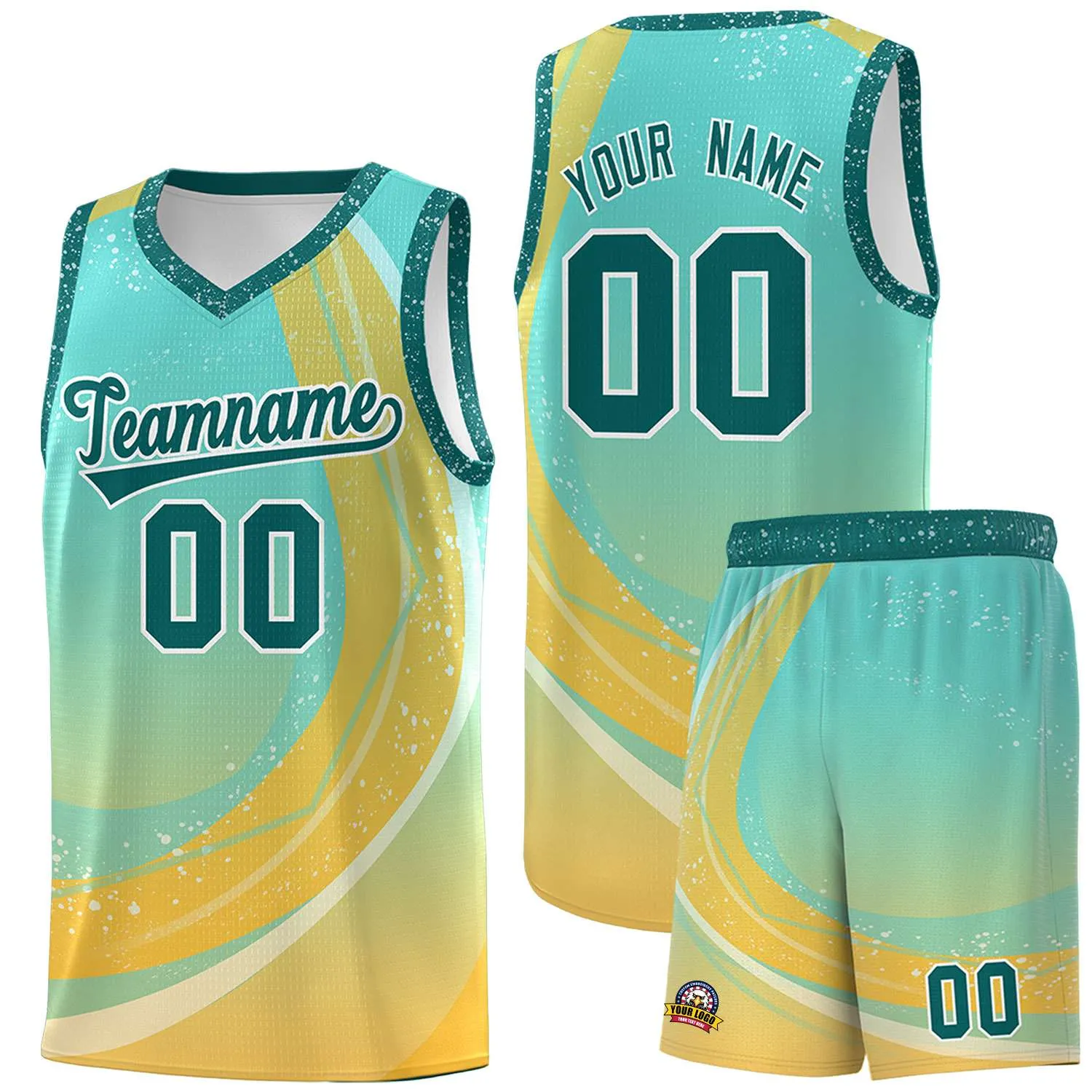 Custom Aqua Gold Personalized Galaxy Graffiti Pattern Sports Uniform Basketball Jersey