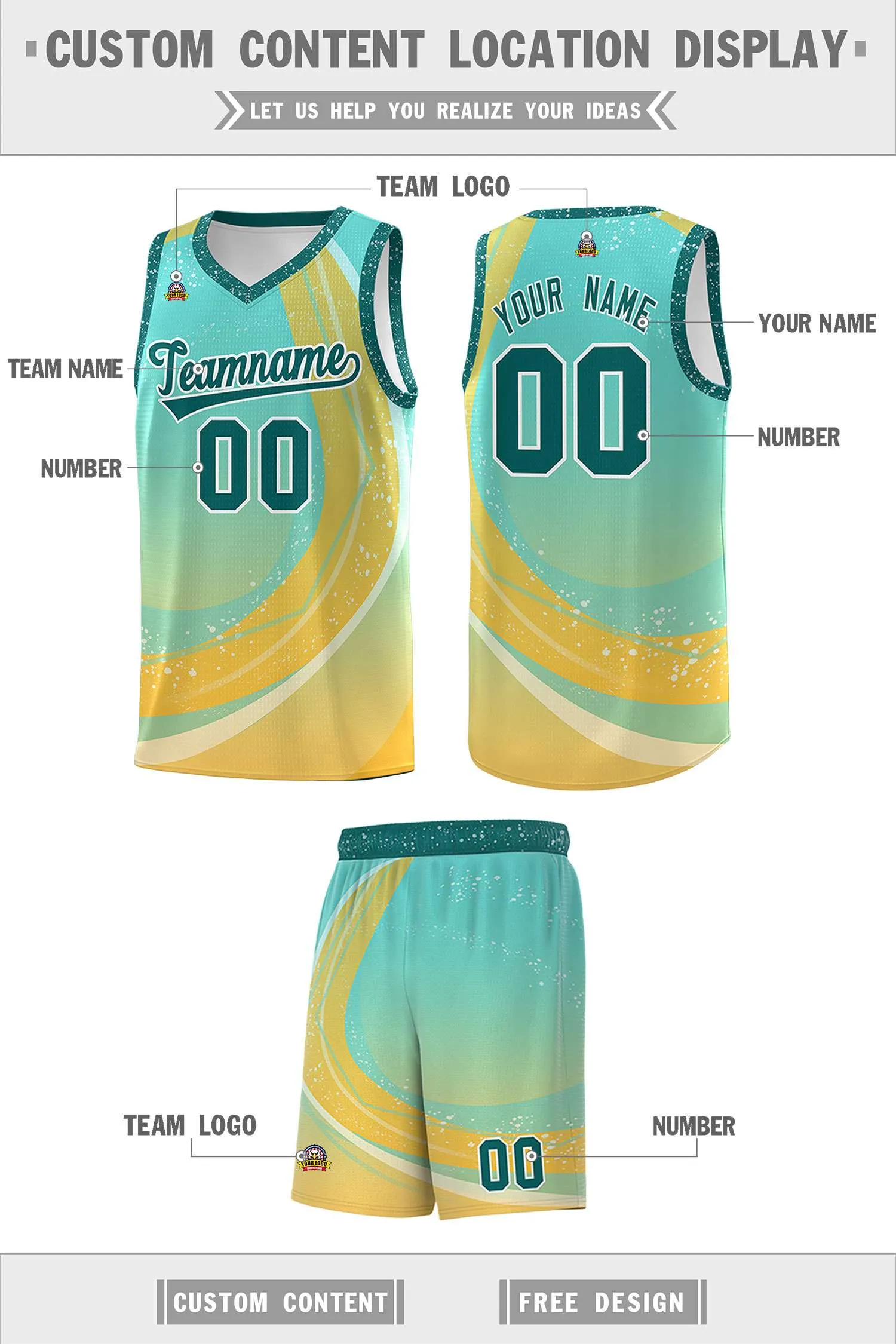 Custom Aqua Gold Personalized Galaxy Graffiti Pattern Sports Uniform Basketball Jersey