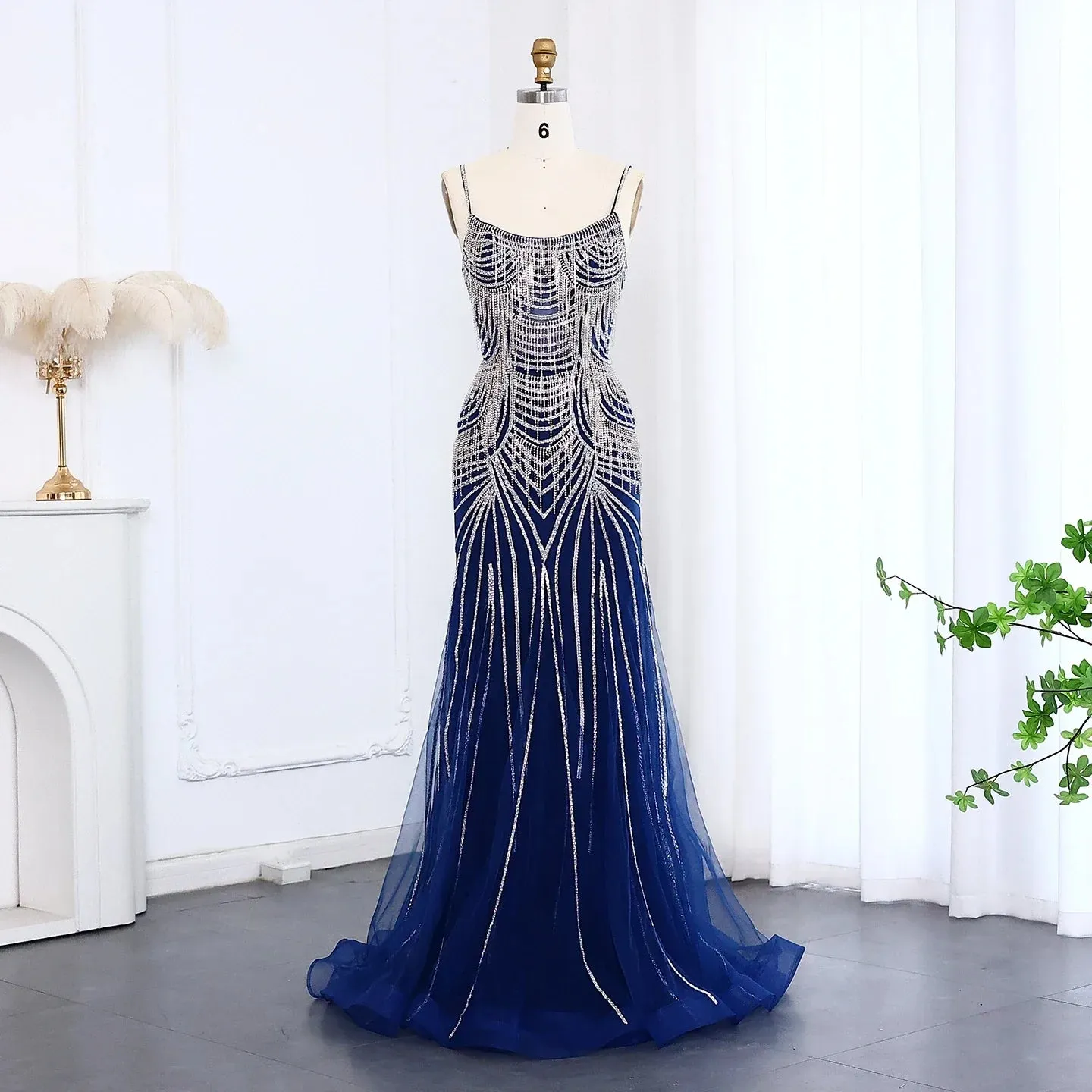 Dreamy Vow Luxury Tassel Mermaid Evening Dress with Spaghetti Straps SS029