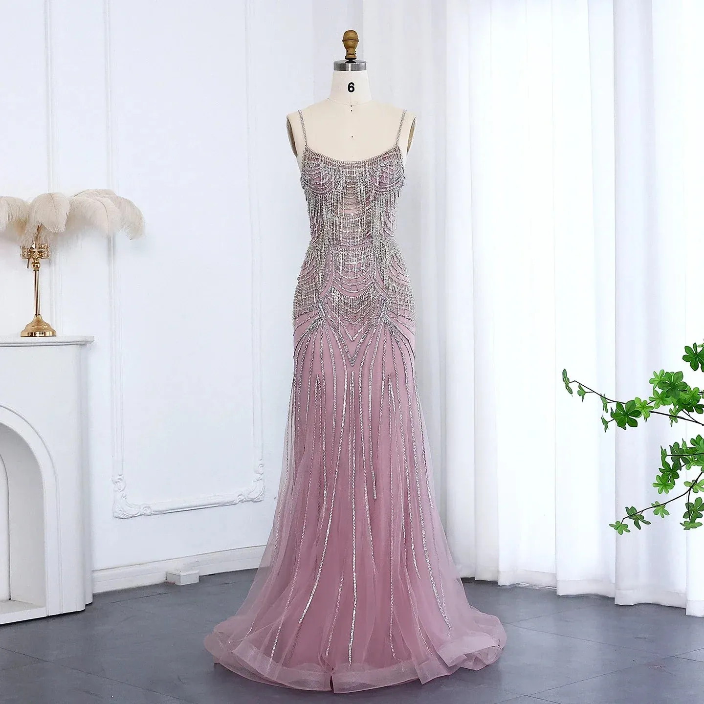 Dreamy Vow Luxury Tassel Mermaid Evening Dress with Spaghetti Straps SS029