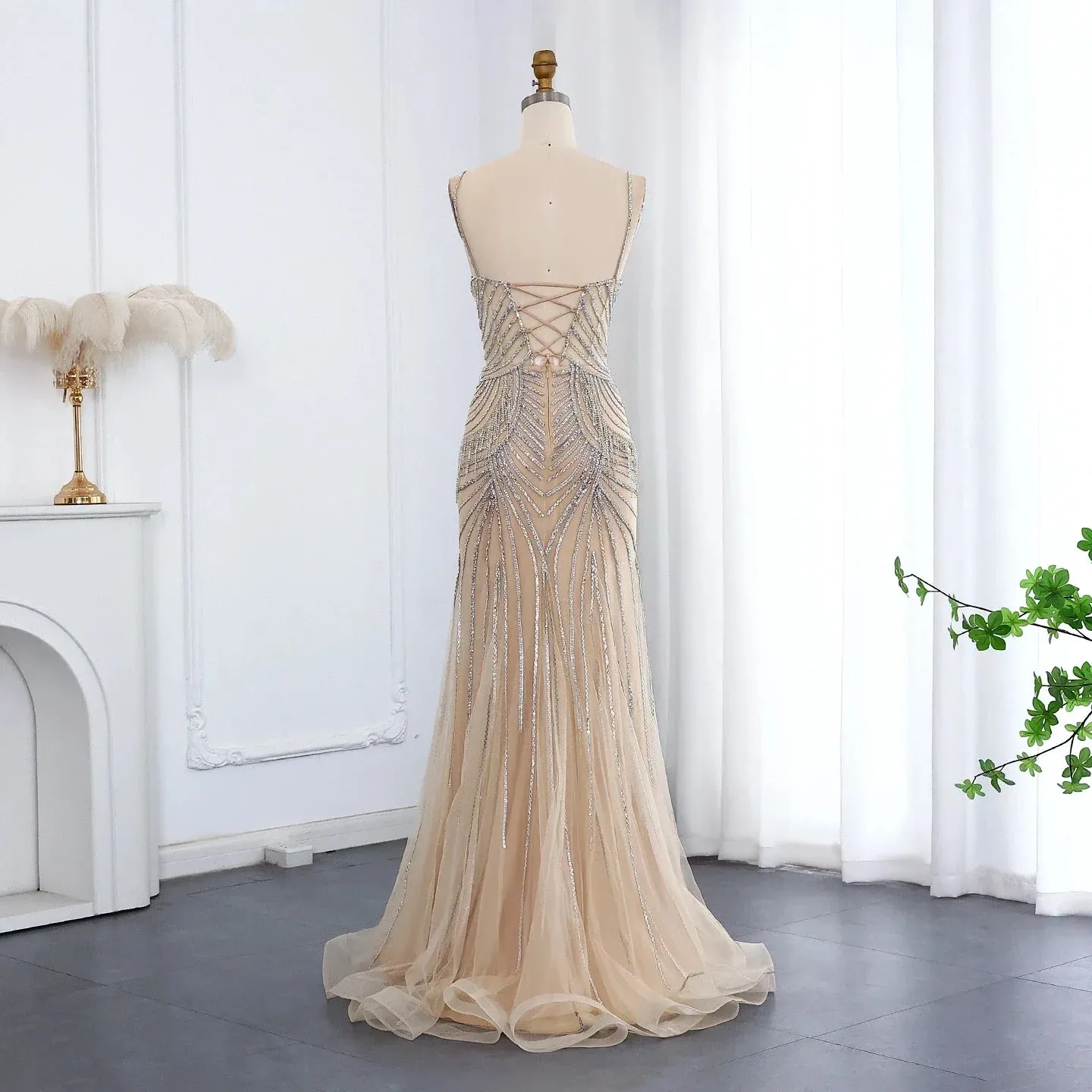 Dreamy Vow Luxury Tassel Mermaid Evening Dress with Spaghetti Straps SS029