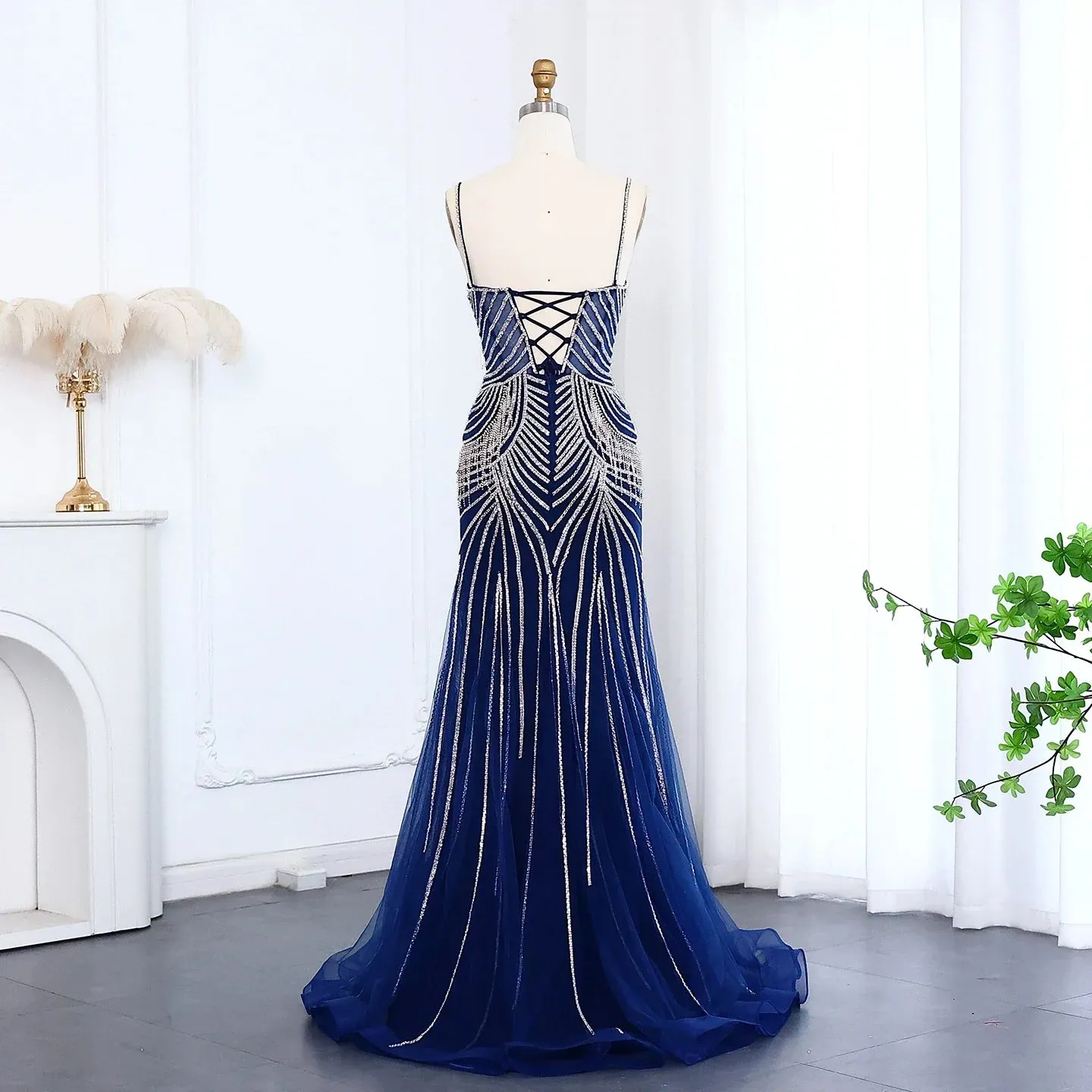 Dreamy Vow Luxury Tassel Mermaid Evening Dress with Spaghetti Straps SS029