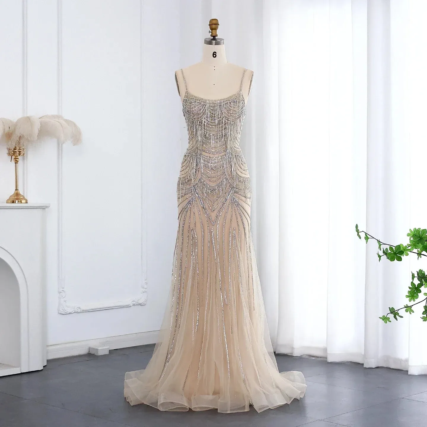 Dreamy Vow Luxury Tassel Mermaid Evening Dress with Spaghetti Straps SS029