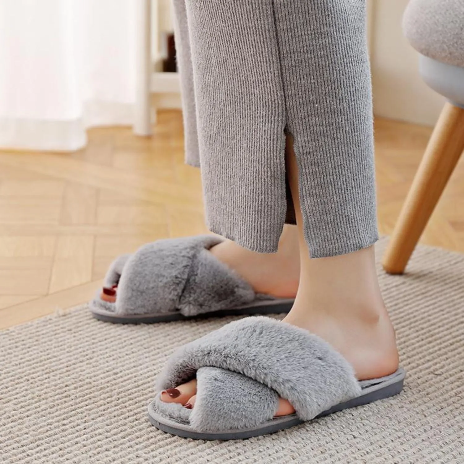 FLOOF Women's Cozy Cross Faux Fur Slippers in Grey