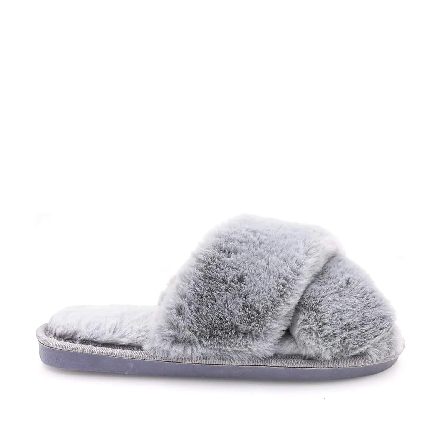 FLOOF Women's Cozy Cross Faux Fur Slippers in Grey