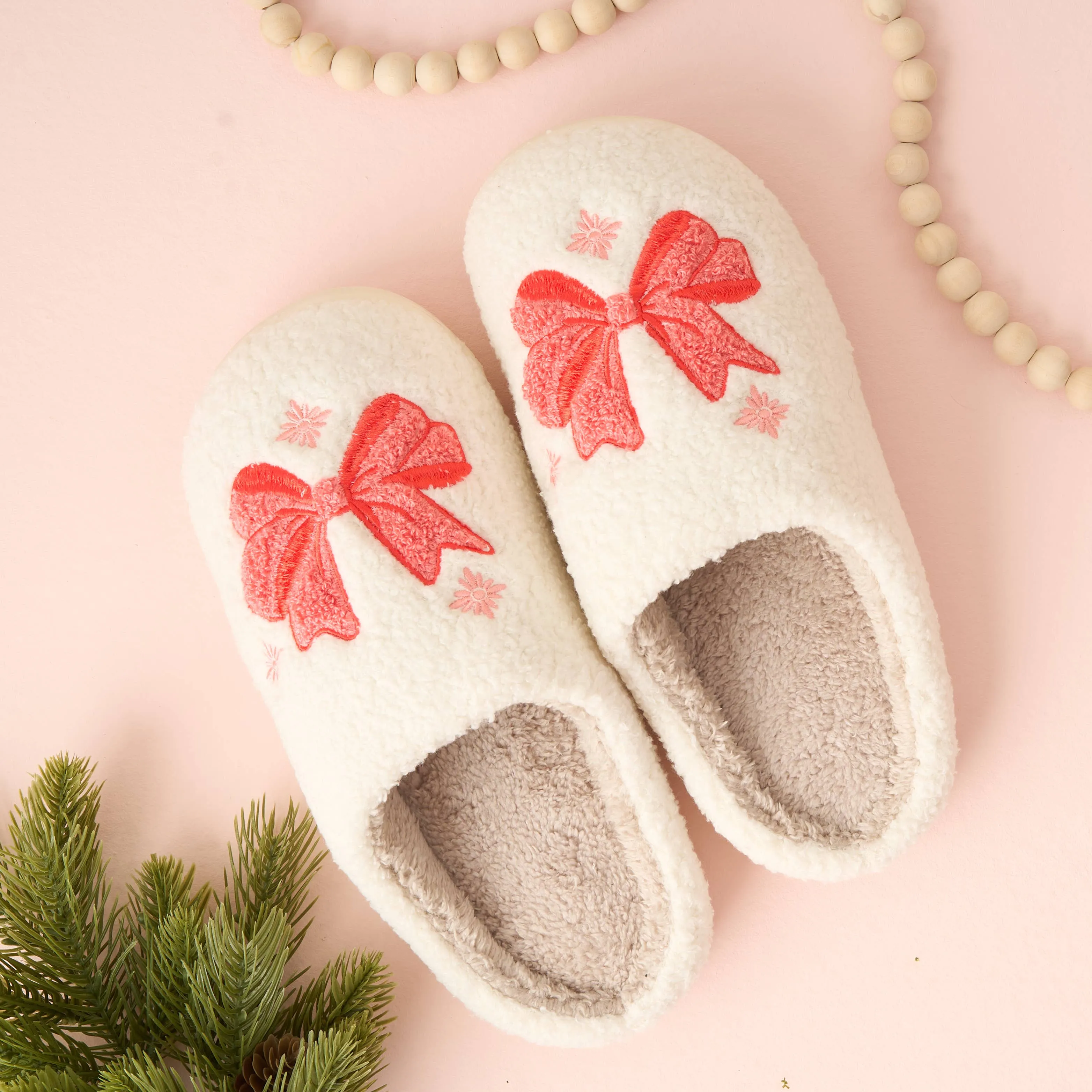 Fuzzy Holiday Bow Slippers - 2 sizes