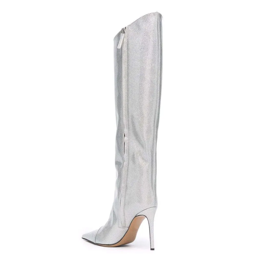 Holographic Glitter Knee High Pointed Toe Stiletto Boots - Light Gray