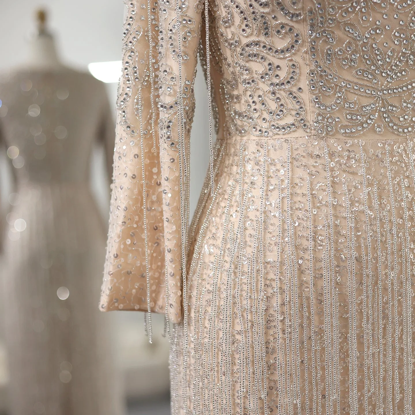 Luxury Beaded Tassel Nude Long Sleeves Evening Dress SS349