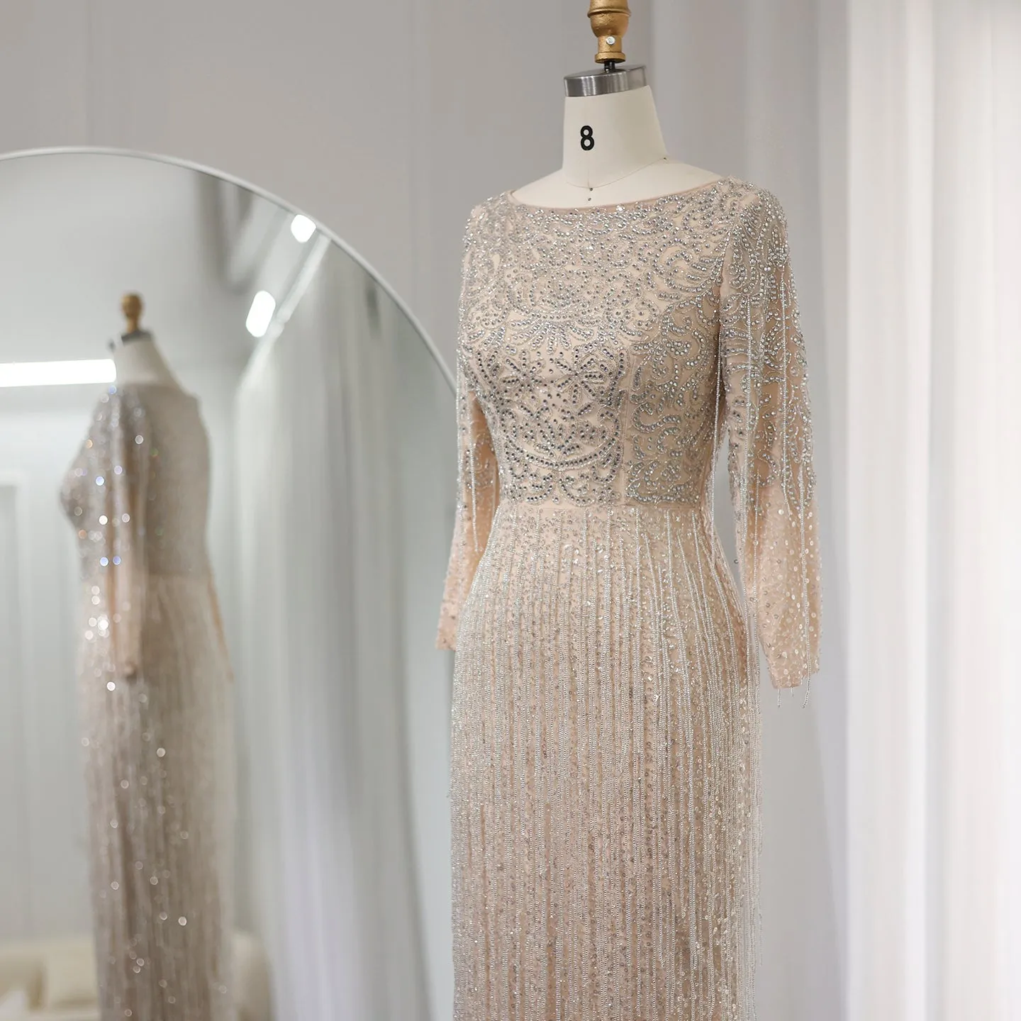 Luxury Beaded Tassel Nude Long Sleeves Evening Dress SS349