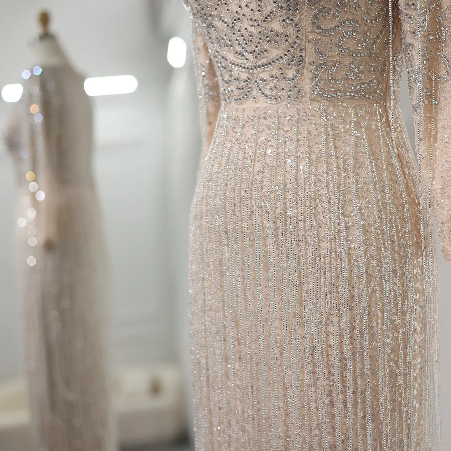 Luxury Beaded Tassel Nude Long Sleeves Evening Dress SS349