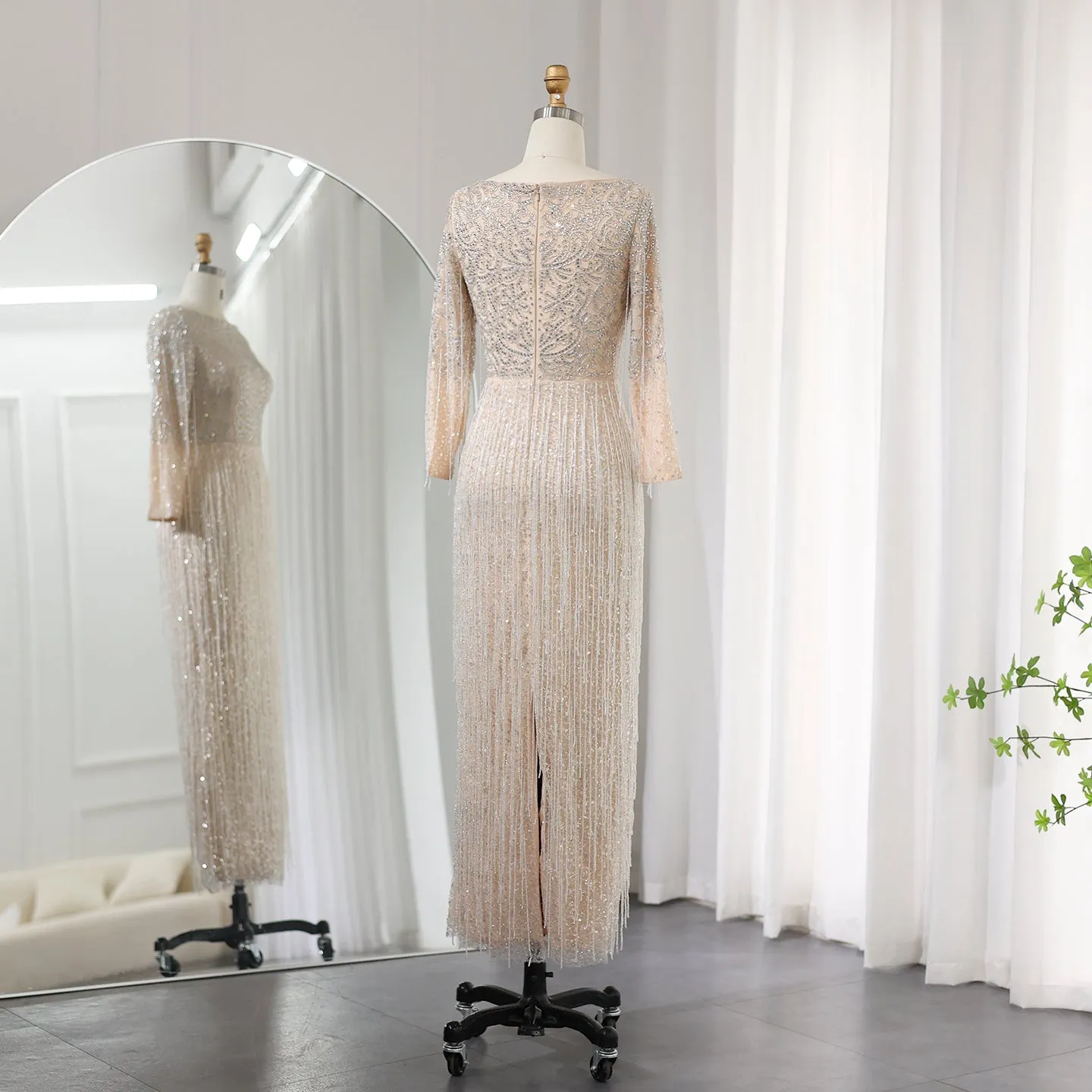 Luxury Beaded Tassel Nude Long Sleeves Evening Dress SS349