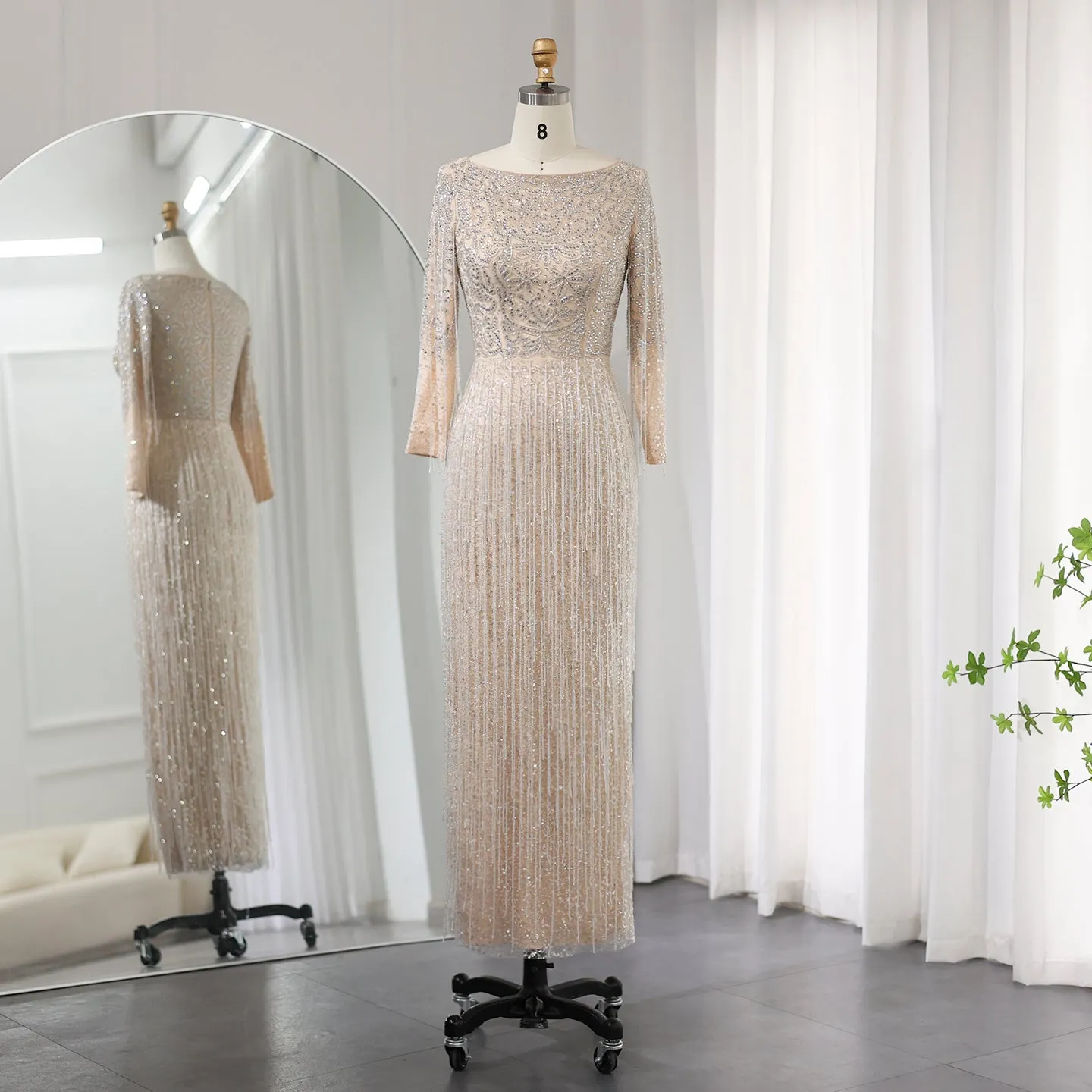 Luxury Beaded Tassel Nude Long Sleeves Evening Dress SS349