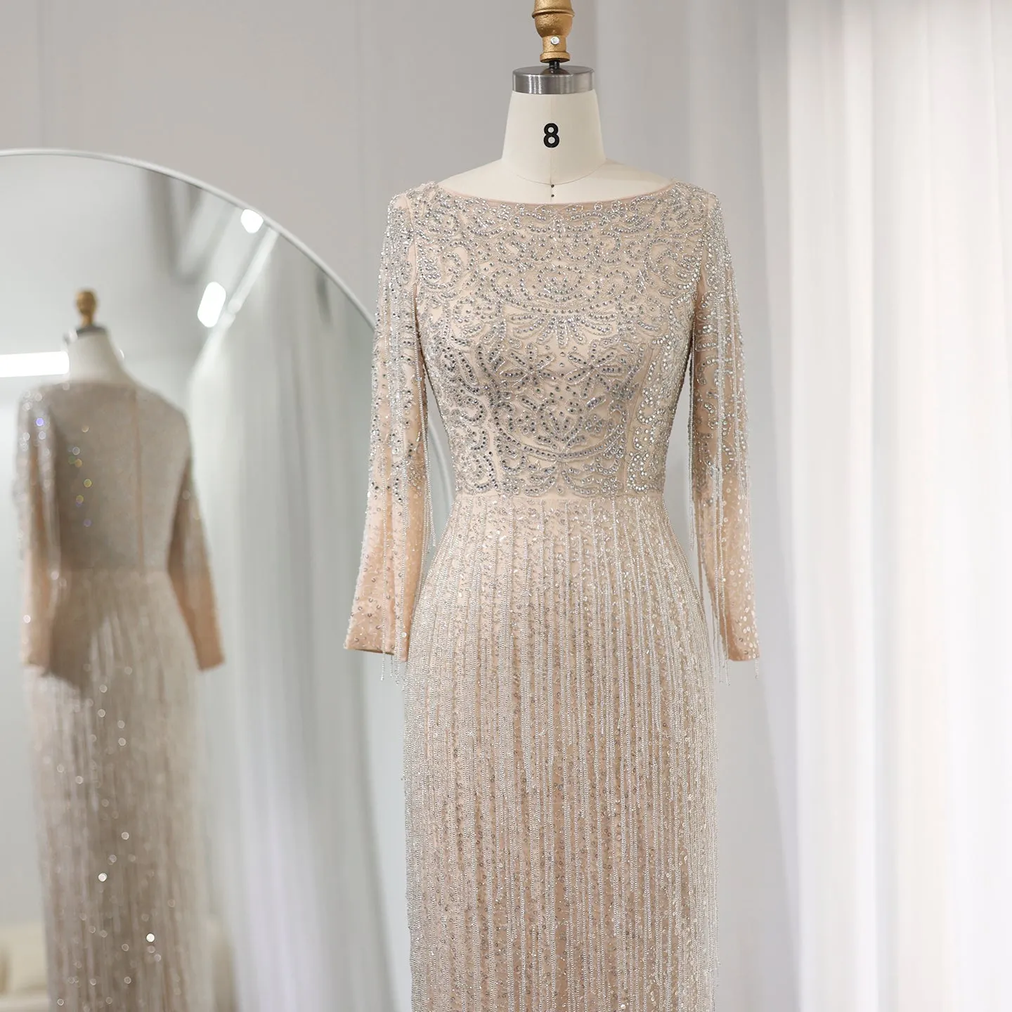 Luxury Beaded Tassel Nude Long Sleeves Evening Dress SS349