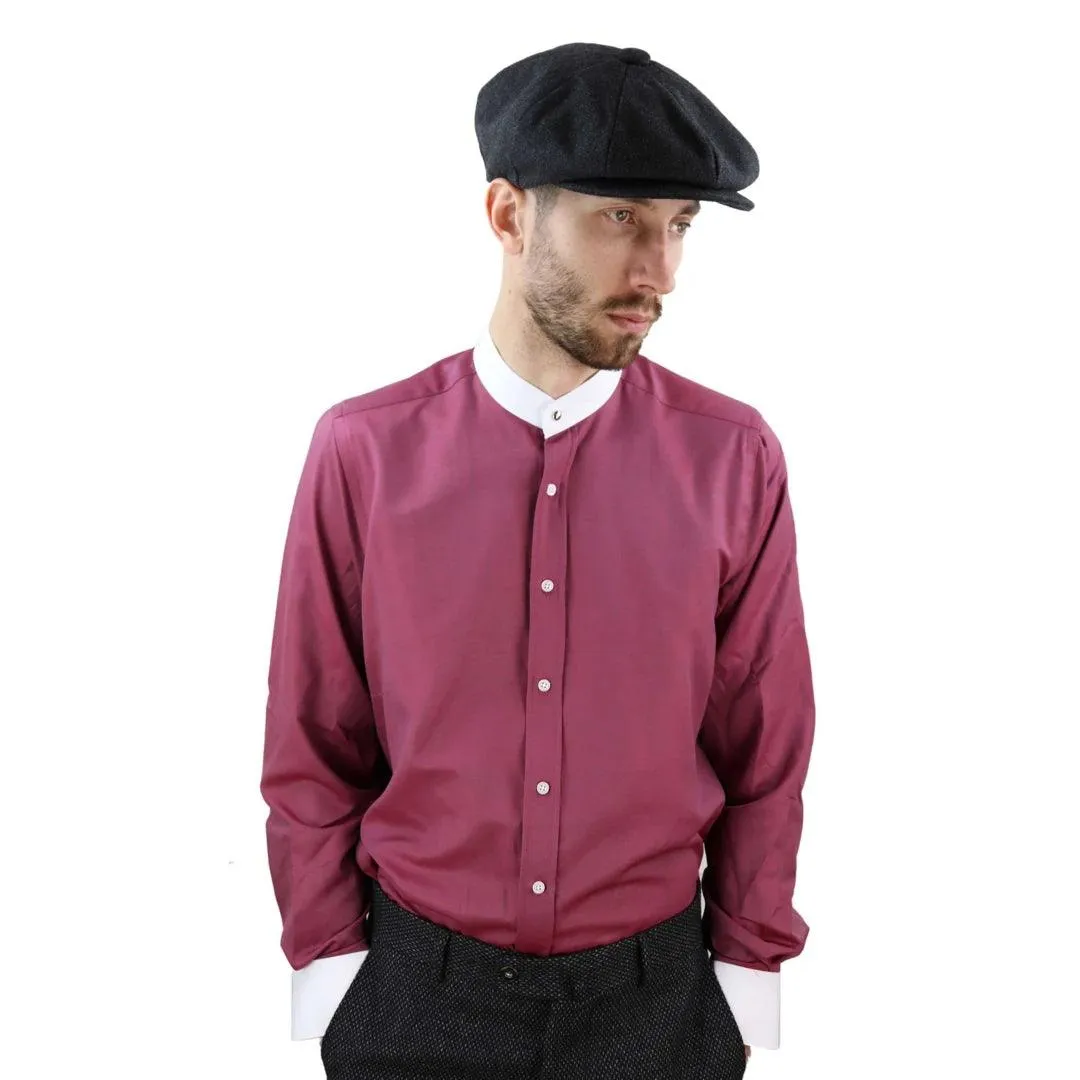 Mens Peaky Blinders Herringbone Shirt Detachable Collar Penny Button Collarless