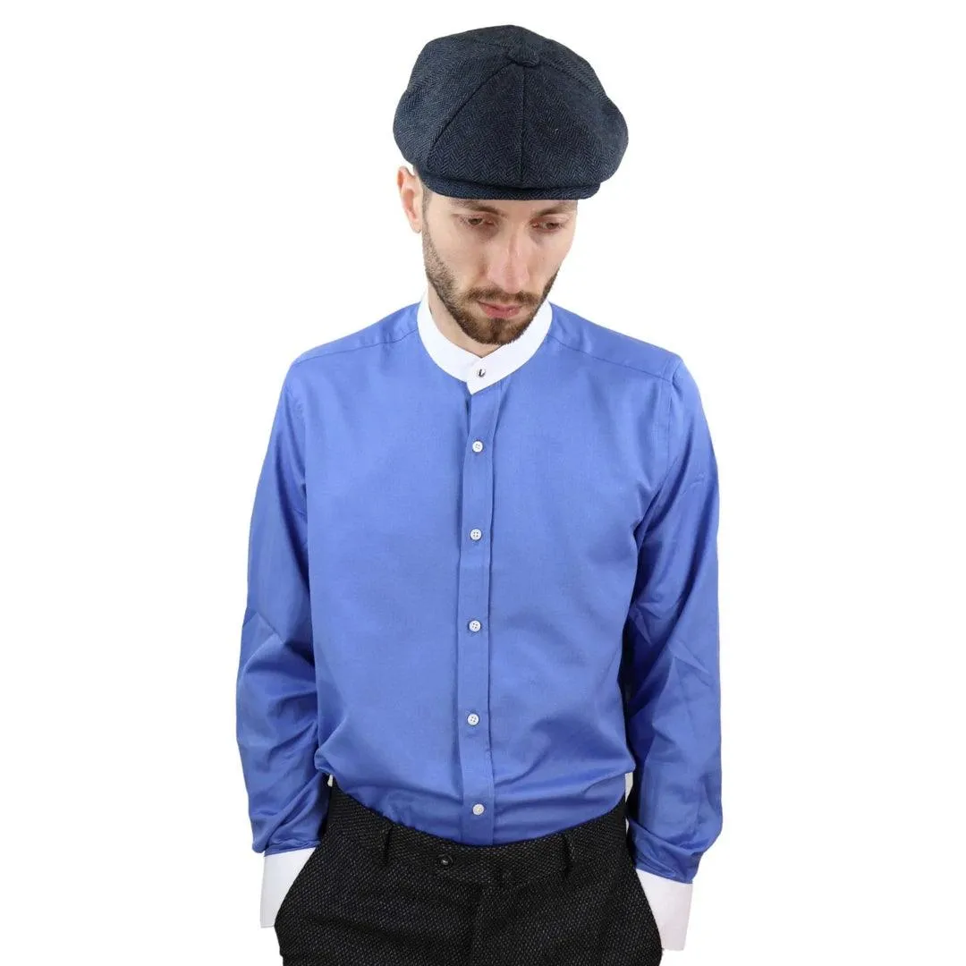 Mens Peaky Blinders Herringbone Shirt Detachable Collar Penny Button Collarless