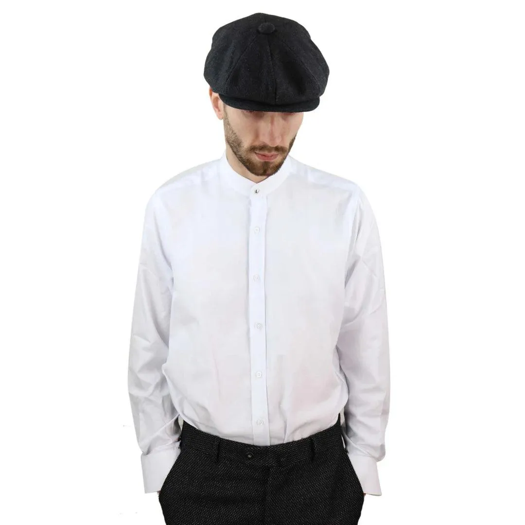 Mens Peaky Blinders Herringbone Shirt Detachable Collar Penny Button Collarless