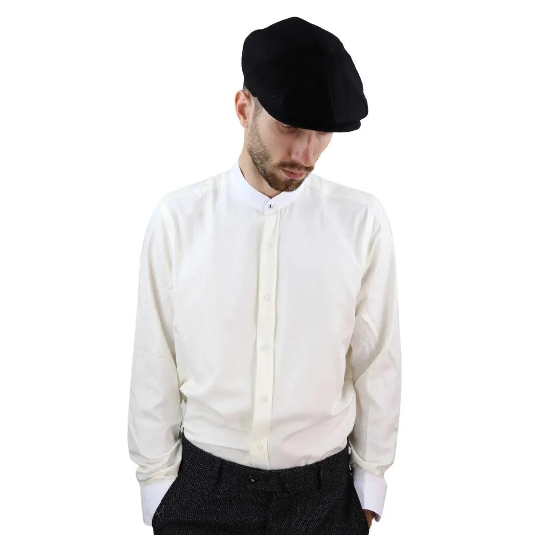 Mens Peaky Blinders Herringbone Shirt Detachable Collar Penny Button Collarless