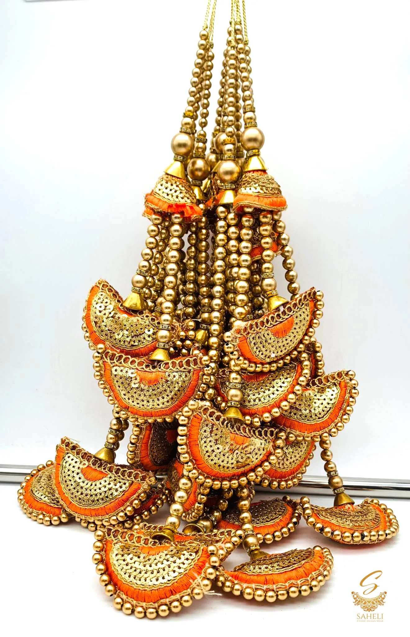 Orange Heavy Cushions Tassels/Latkans With Pearl Work (In Pair)