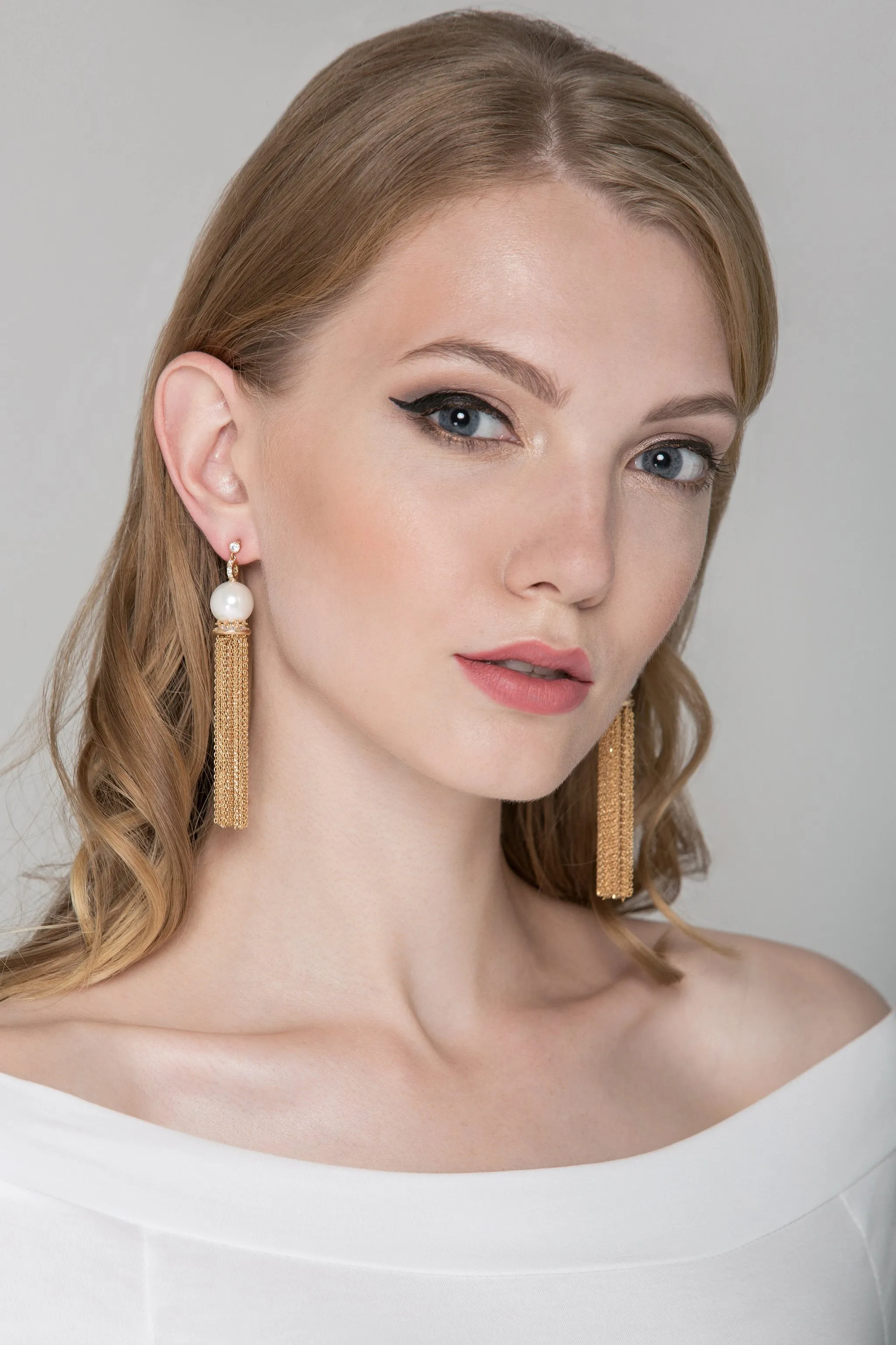 Pearl Crown Chain Tassel Earrings