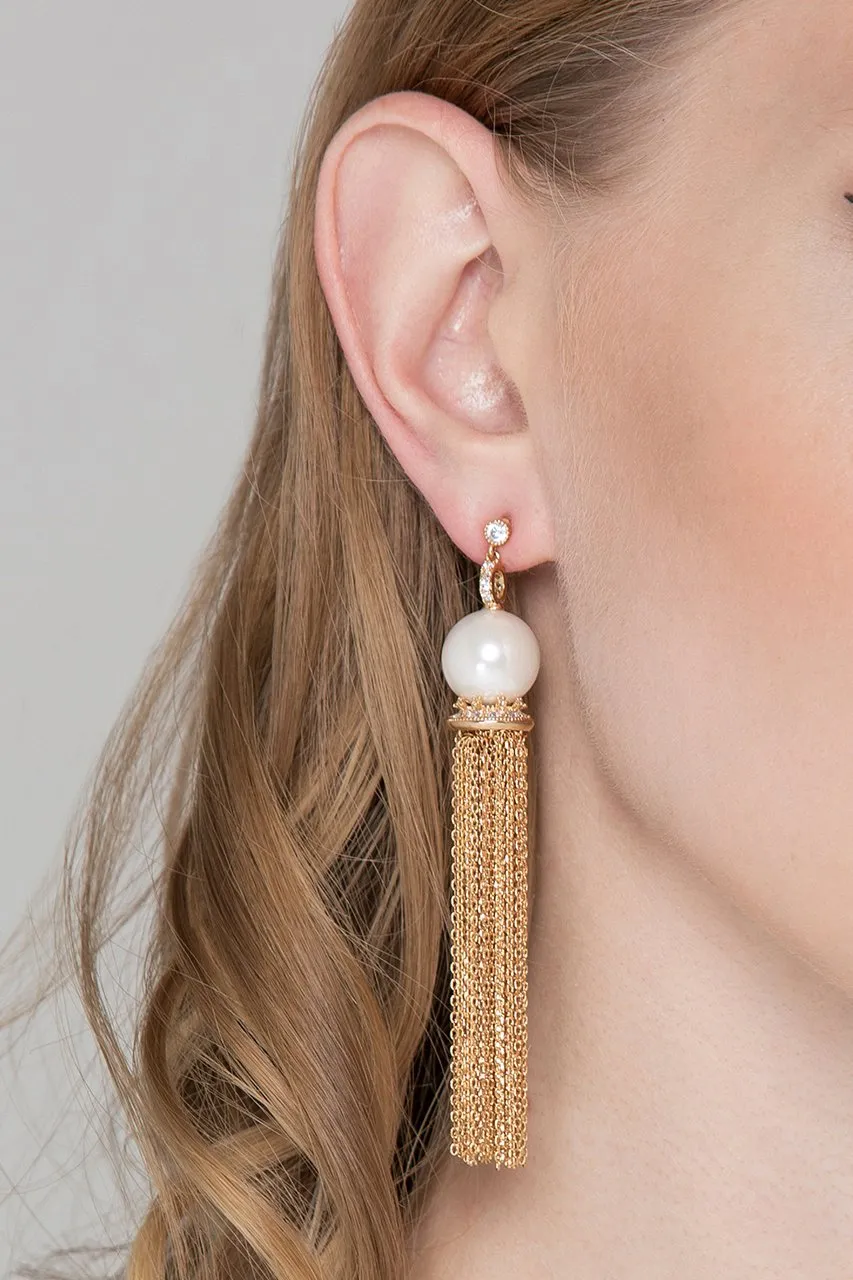 Pearl Crown Chain Tassel Earrings