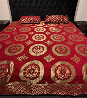 Print Velvet Zari Work Bed Sheet (275cm x 265cm)king size King Size Bedsheet With Double Pillow Cover