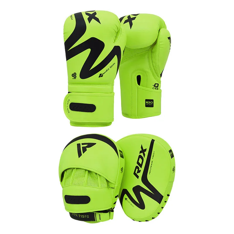 RDX T15 Nero Green Boxing Gloves & Focus Pads