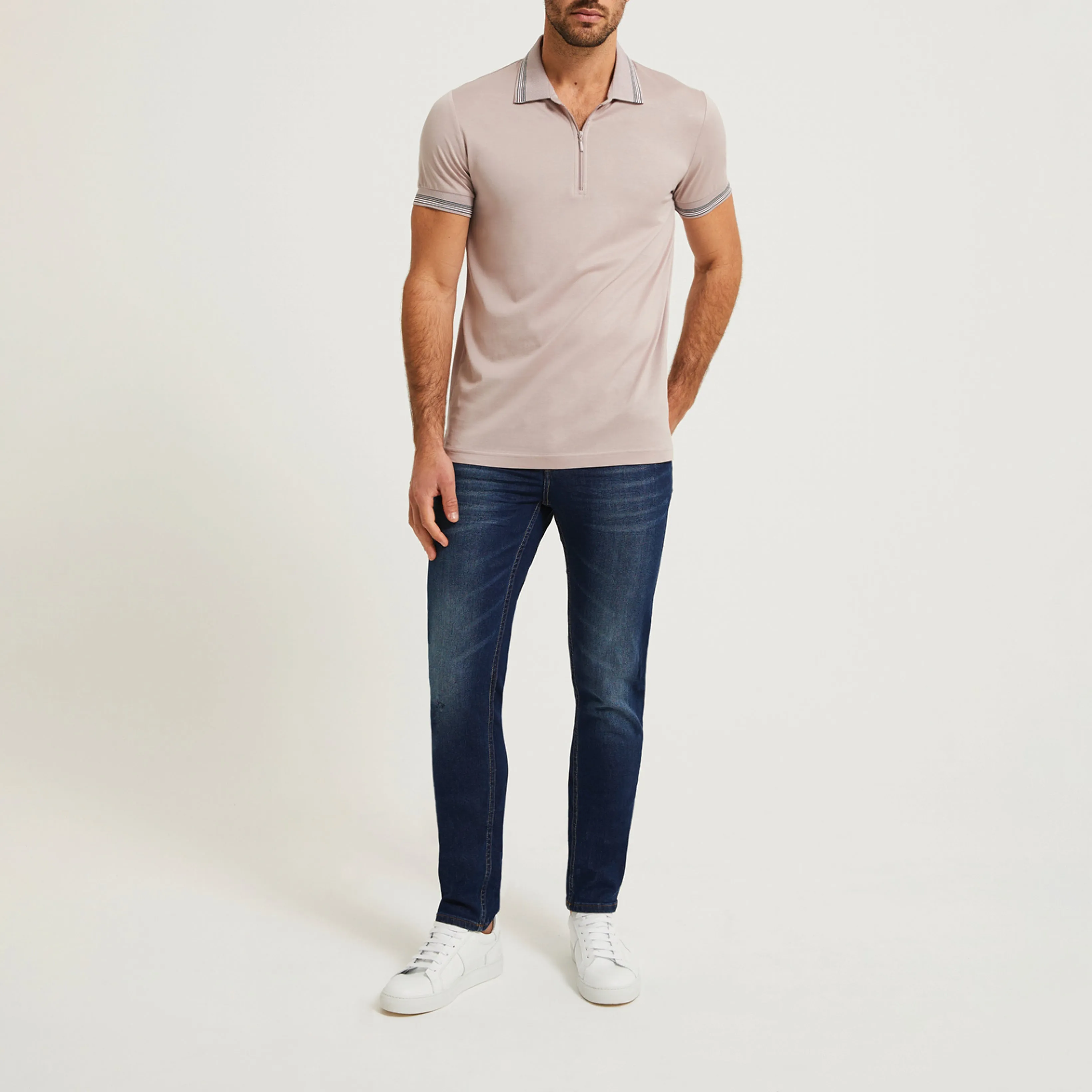 Striped Band Mercerised Cotton Polo Pink