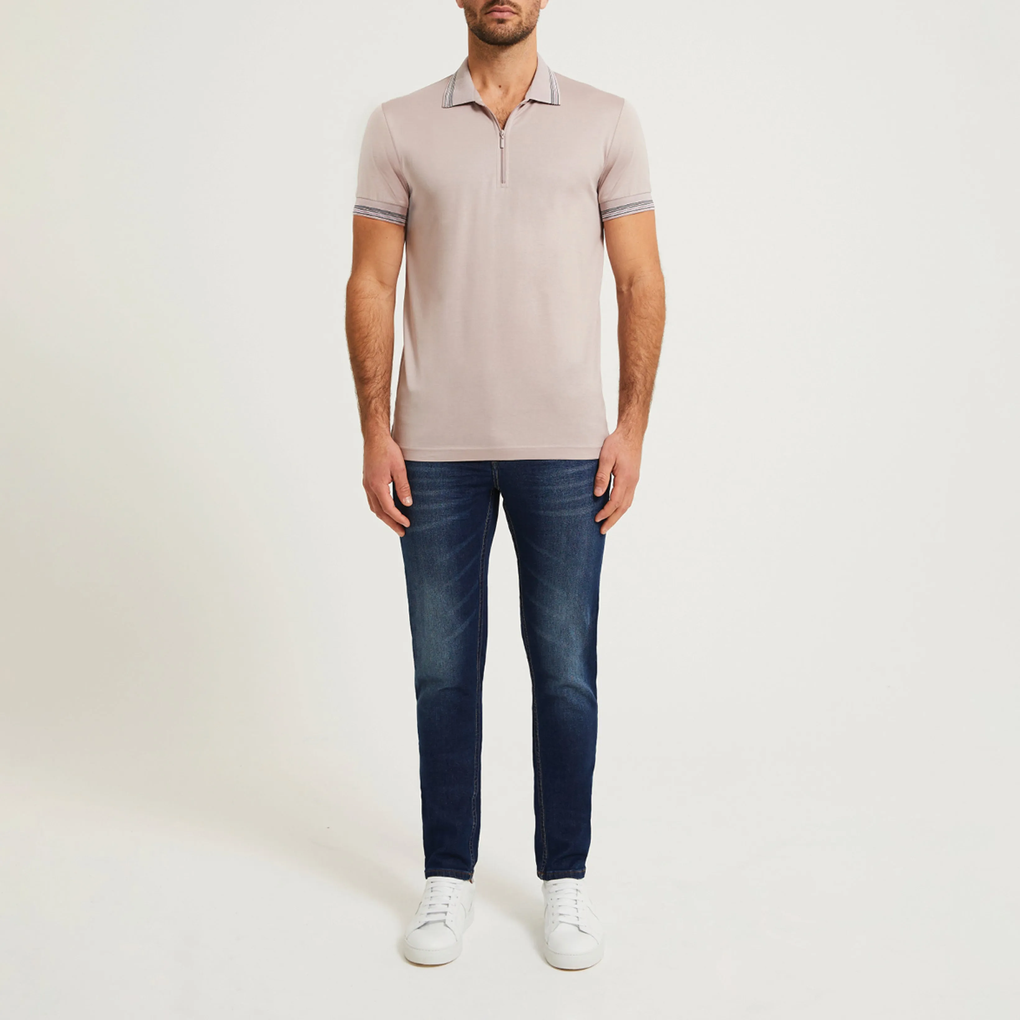 Striped Band Mercerised Cotton Polo Pink