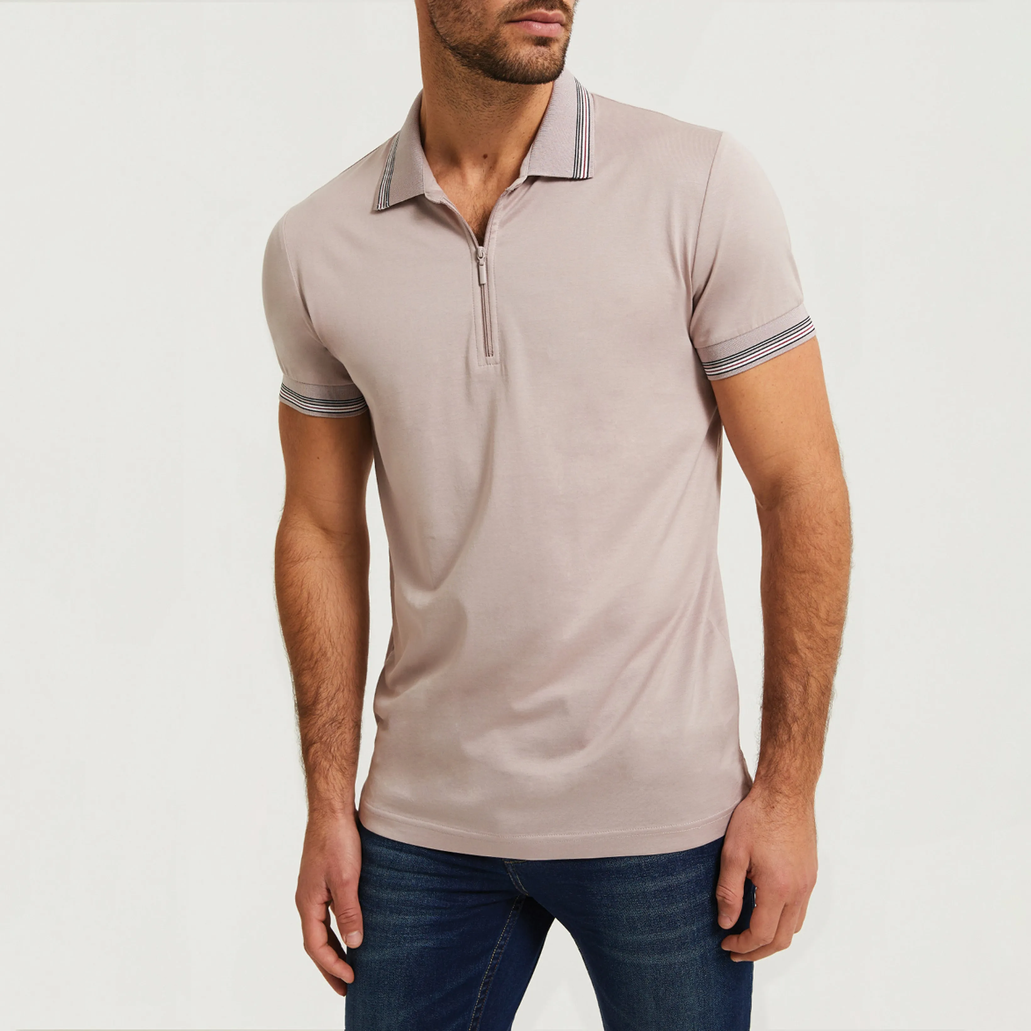 Striped Band Mercerised Cotton Polo Pink