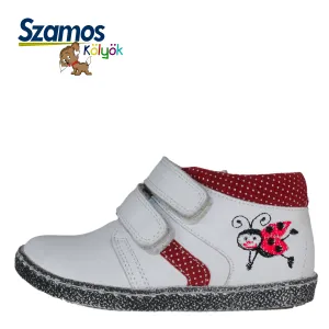 Szamos kid girl sneakers white with ladybird decor and polka dots and double velcro strap toddler size