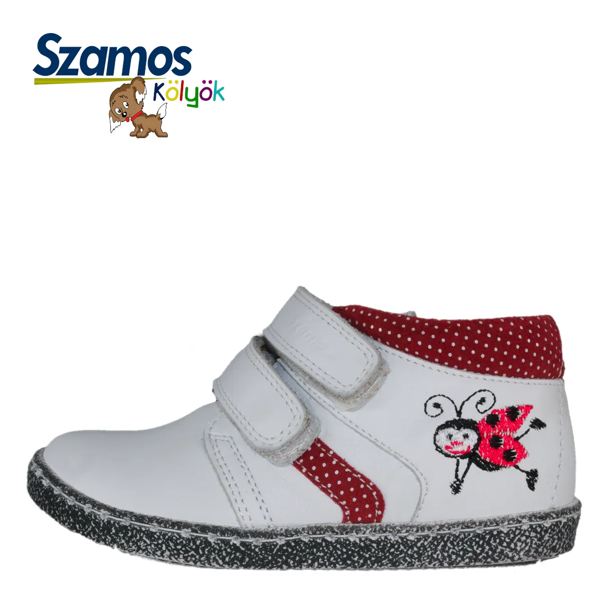 Szamos kid girl sneakers white with ladybird decor and polka dots and double velcro strap toddler size