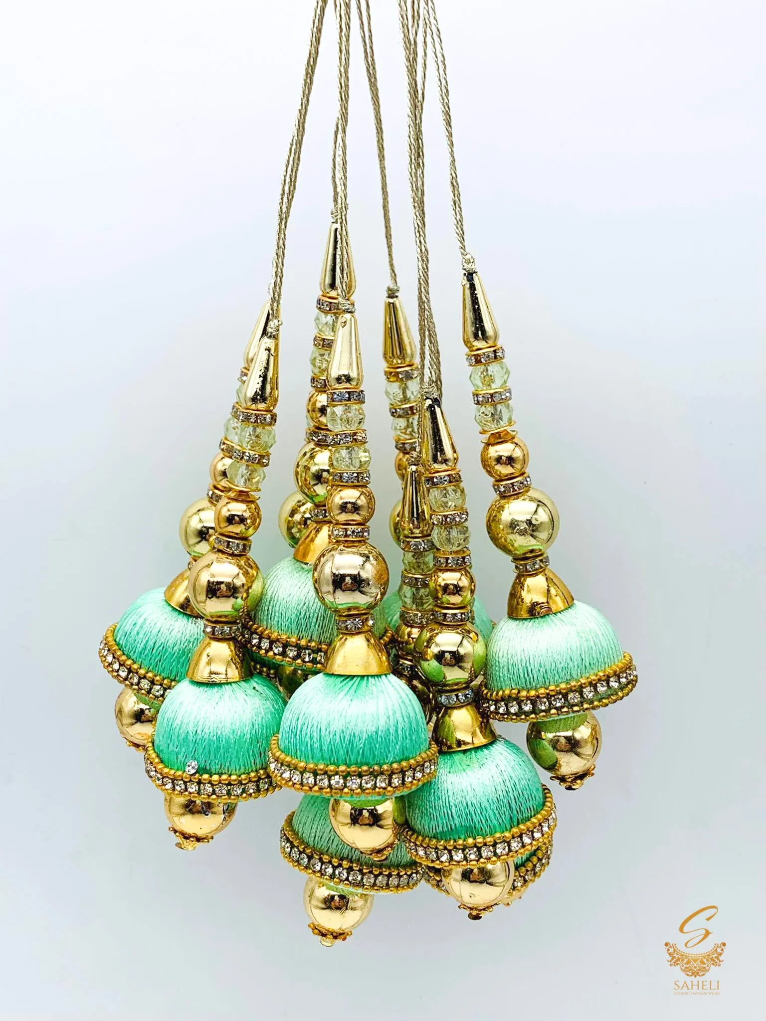 Tassels Mint Green Colour Thread Work  With Golden Pearls ( in Pair)