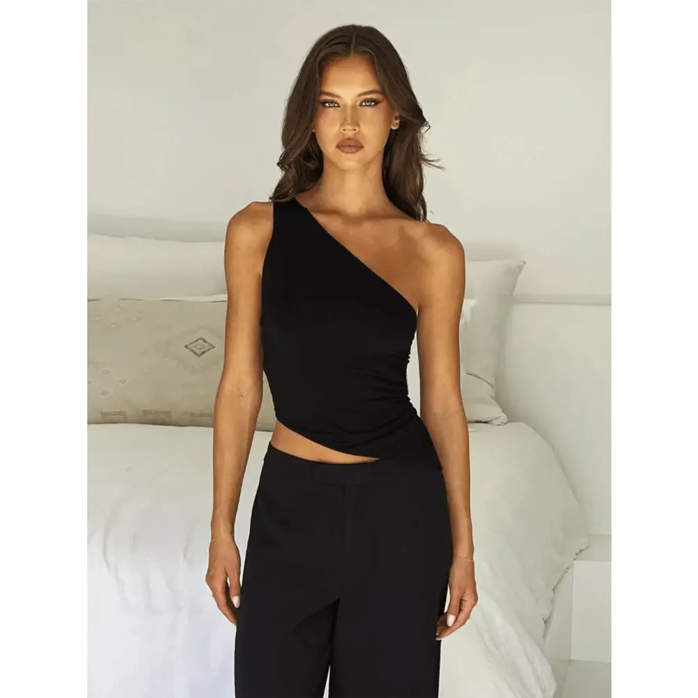 Trendy Asymmetrical Women's Sexy Single Shoulder Top Zy22939 Black Size