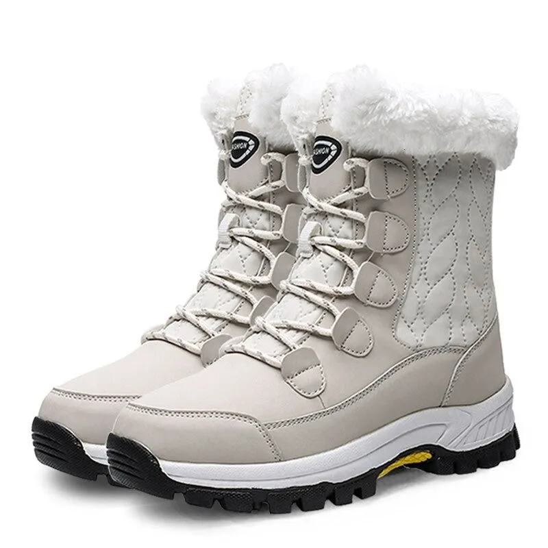 Women Waterproof Mid-Calf Winter Boots with Cozy Fur Lining and Non-Slip Sole Pink And White