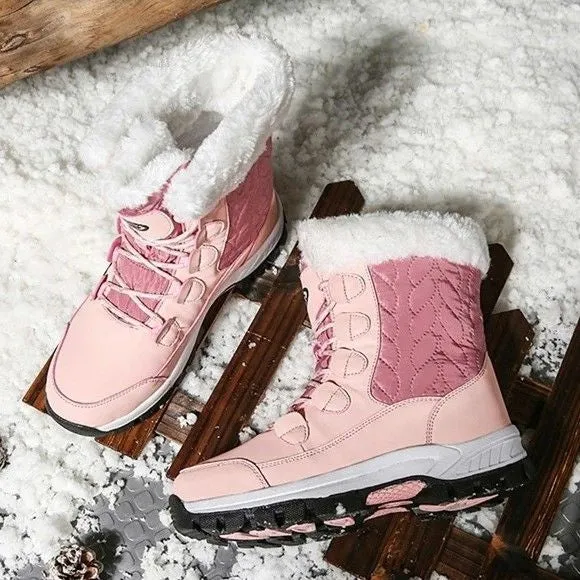 Women Waterproof Mid-Calf Winter Boots with Cozy Fur Lining and Non-Slip Sole Pink And White